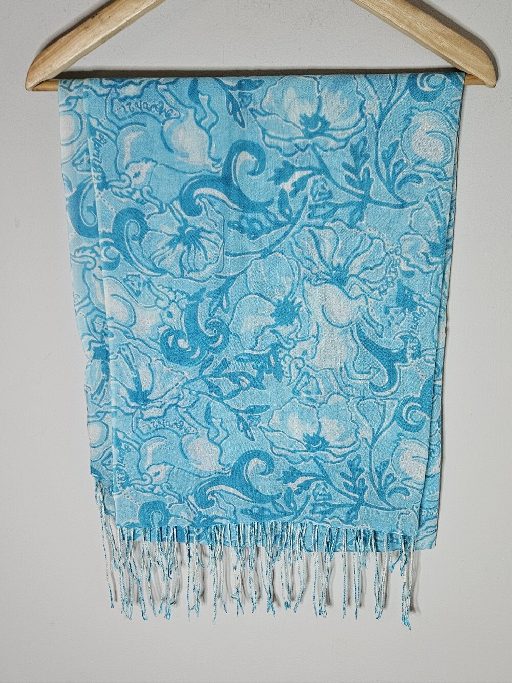 Lilly Pulitzer Murfee Scarf Silk Cashmere Aries Print Blue Green Cream 28×82"